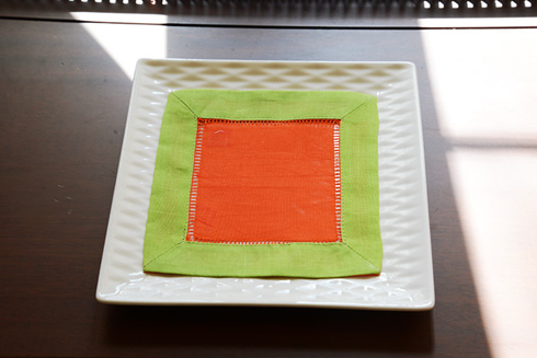 Multicolor Hemstitch Cocktail Napkin 6". Hot Orange & Hot Green